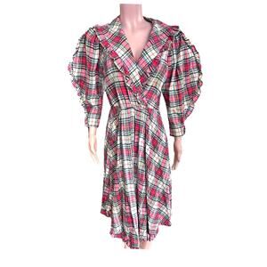 Vintage 1980s Plaid Flannel Midi Dress Leg of Mutton Sleeves · Ruffles Size S/M